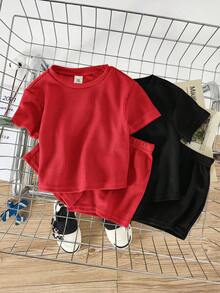 Loomiva Conjunto de 4 piezas de sudadera de cuello redondo y pantalones cortos casuales de unicolor para bebé unisex - Multicolor - Ver 5