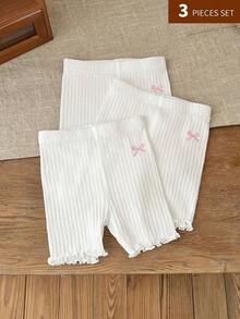 SHEIN LMoss Kids 女婴夏季可爱纯色针织蝴蝶结短裤套装 - 彩色 - 查看 4