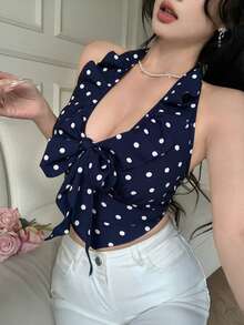 Celisse Áo camisole cổ yếm chấm bi kiểu Pháp thanh lịch với viền bèo nhún. - Nhiều màu - Xem 4
