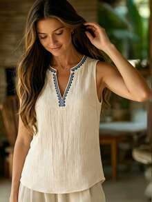 Balvessa Apricot Textured Cotton V-Neck Sleeveless Vacation Shirt For Women - Apricot - View 3