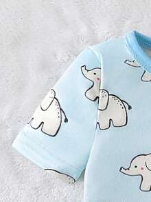 SHEIN GraphicGems 2-Piece Baby Boys Toddler Pajamas Set,Cute Blue Summer Family Matching Cartoon Animal Print Short Sleeve Top&Long Pants Snug Fit Sleepwear - Baby Blue - View 4