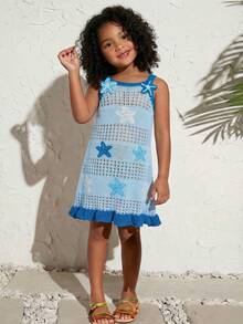 SHEIN Young Girl Starfish Jacquard Hollow Out Dress - Blue - View 2