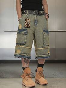 Manfinity EMRG Men's Casual Washed Distressed Cargo Denim Shorts - Light Wash - View 4