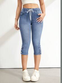 SHEIN Tall Women's High Waist Tummy Control Drawstring Denim Capris, 4 Way Stretch Casual Summer Capri Length Jeans Women's Drawstring Waist Pocket Casual Skinny Capri Length Jeans - Light Wash - View 7