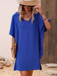 LanaWest Vestido casual minimalista suelto con cuello en V y dobladillo con volantes de unicolor - azul real - Ver 3