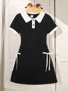 Young Girl Casual School Style Contrast Color Patchwork Ribbon Ruched 3D Bow A-Line Short Sleeve Dress Back To School Outfit KIDS - Black - View 7