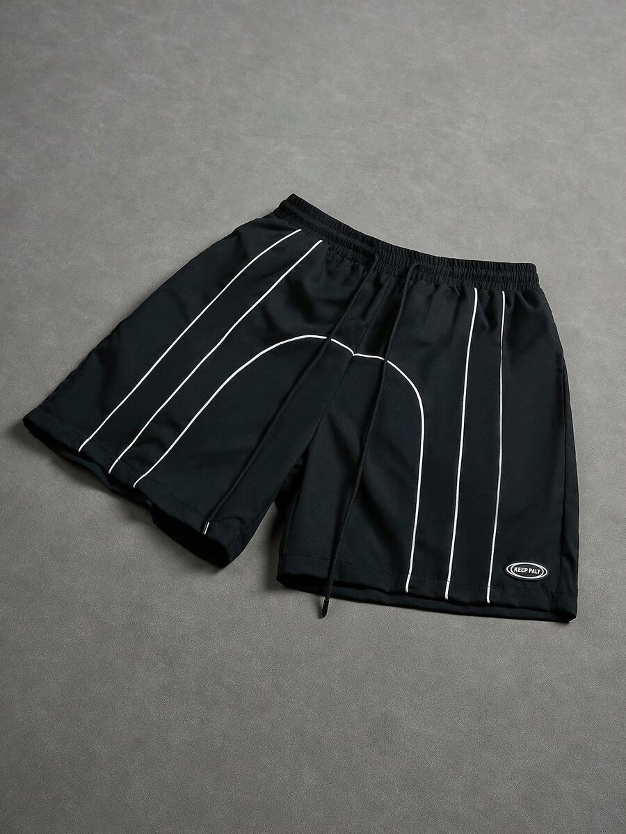 Manfinity LEGND Men's Striped Contrast Trim Drawstring Waist Casual Sports Shorts - Black - View 1