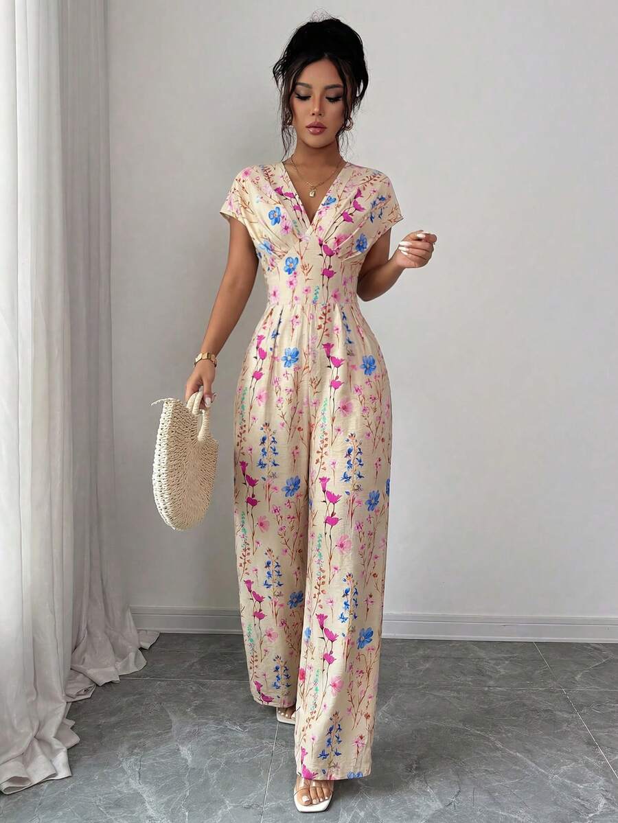 Elenzga Women's V-Neck Cinched Waist Casual Vacation Style Apricot Printed Jumpsuit - Multicolor - View 1