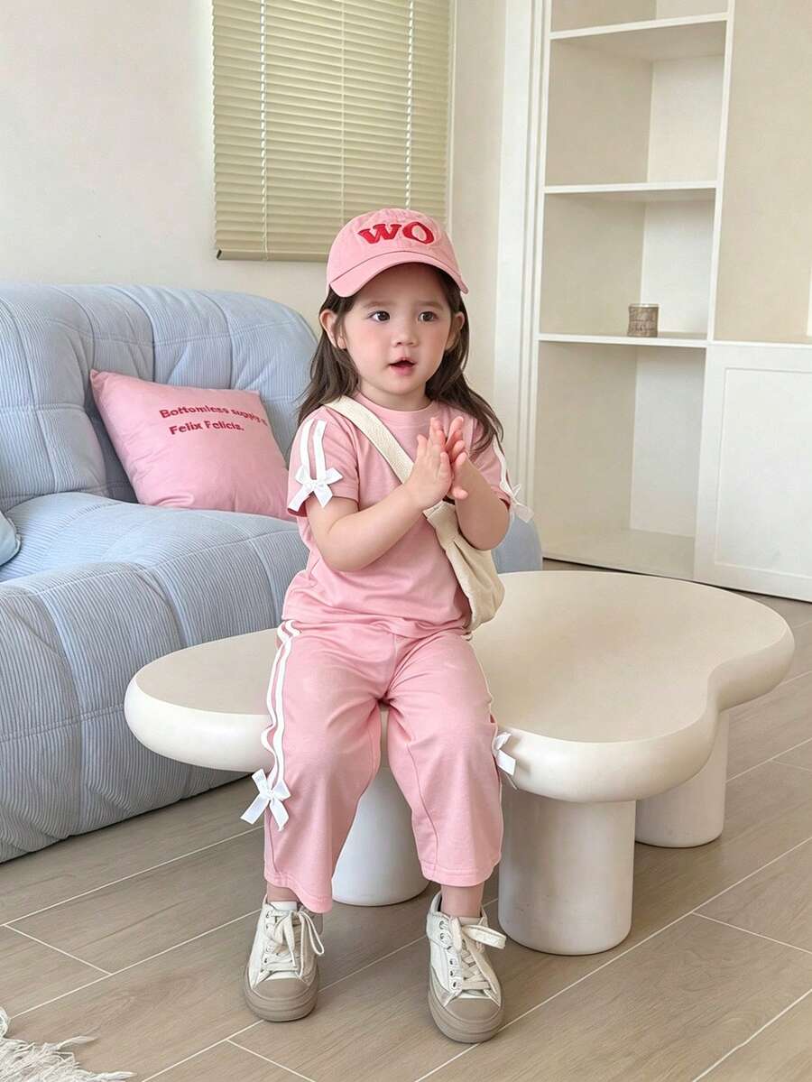 Souflis Souflis 2件套女婴0-3岁休闲百搭街头风粉色T恤和裤子套装