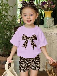 Vintage Leopard Print Bow, Baby Girl Casual Minimalist Round Neck Short Sleeve T-Shirt And Tight Shorts Set, Suitable For Spring And Summer - Multicolor - View 5