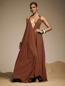 Hauture Women's Sexy Casual V Deep Halter Neck Backless Loose Maxi Dress With Stylish Ring Decor - Brown - View 3