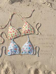 Swim Mod New Tropical Floral Stamp Print Halter Bikini Top For Beach Vacation, Spring/Summer Beach Vacation Butter Yellow Tropical - Multicolor - View 1