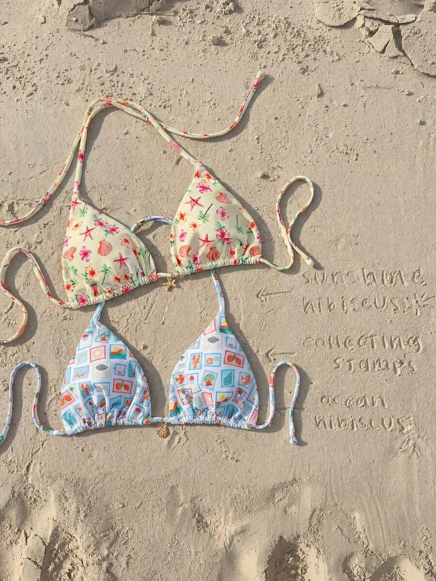 Swim Mod New Tropical Floral Stamp Print Halter Bikini Top For Beach Vacation, Spring/Summer Beach Vacation Butter Yellow Tropical - Multicolor - View 1