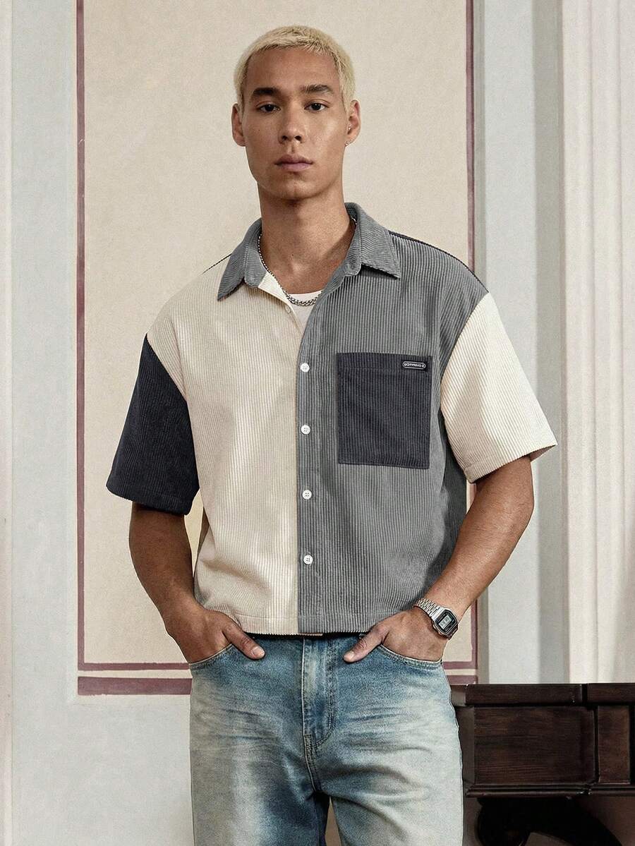 SWAVVY Men's Patchwork Corduroy Short Sleeve Shirt, Spring/Summer - Grey - View 1