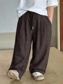 DAZY Young Boy's Drawstring Waist Solid Color Casual Versatile Daily Wear Pants - Brown - View 3