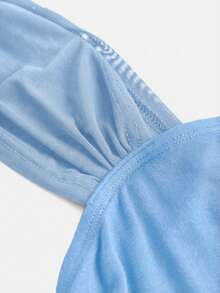 SHEIN 儿童/少女休闲优雅纯色圆领褶皱泡泡袖修身网纱拼接吊带背心T恤，适合返校、毕业典礼、万圣节派对等场合。 - 淺藍色 - 查看 4