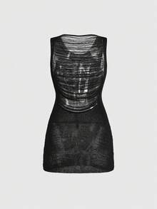 ROMWE Đầm mini ôm sát gợi cảm kiểu Gothic thêu hình mèo ba mắt, đầm dệt kim không tay xẻ tà rách rưới ôm sát người. - màu đen - Xem 2