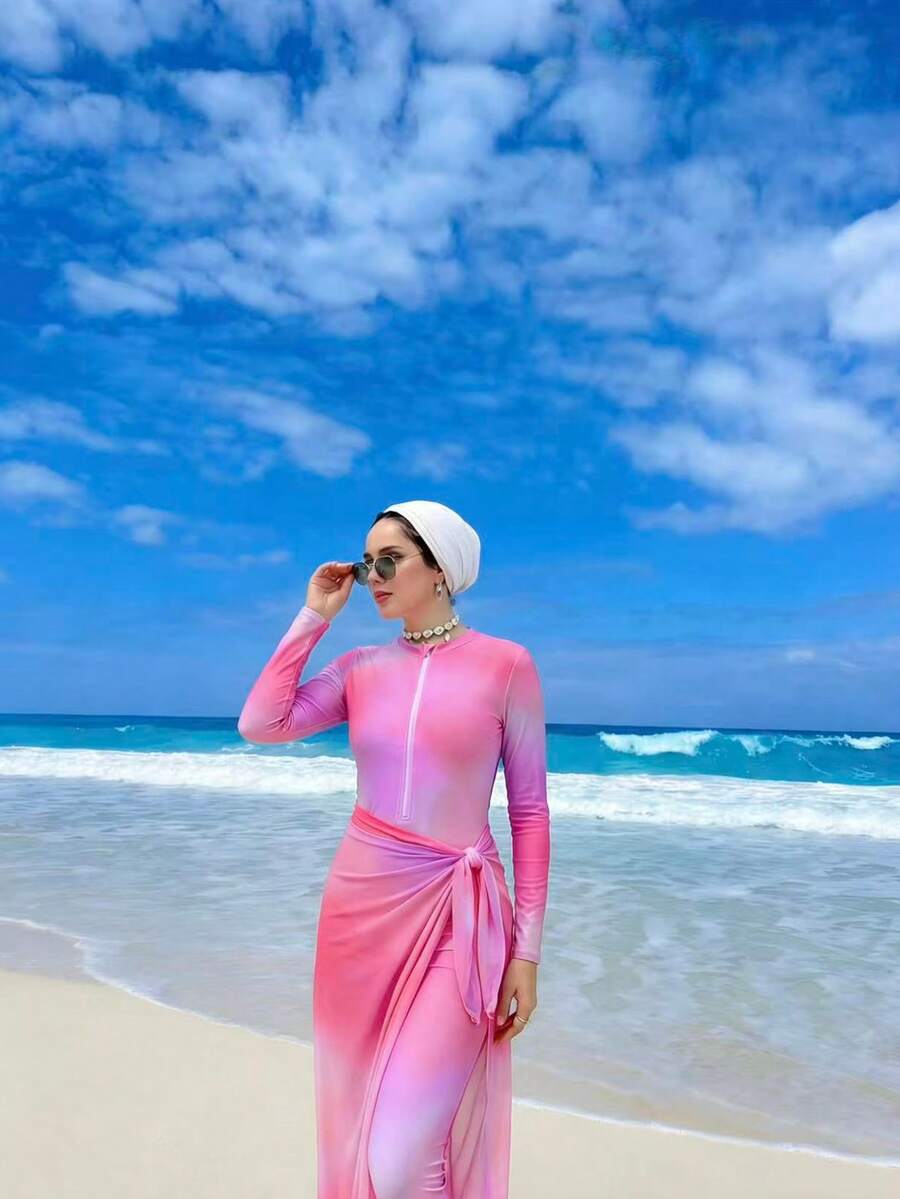 Swim Shayni 女士扎染拉链长袖连体泳衣，带裙子，两件套，适合海滩度假 - 彩色 - 查看 1
