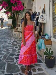 女士复古撞色无袖荷叶边长连衣裙，夏季款 - 粉色 - 查看 2