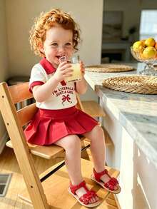 SHEIN 2pcs Baby Girl Toddler/Newborn 0-3Y Spring/Summer Casual Sporty V-Neck Polo Collar Short Sleeve Tee Shirt And Pleated Skirt Set - Red - View 2