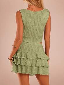 SHEIN Forever 21 Conjunto de 2 piezas de top de punto sin mangas liso y falda, moda minimalista para mujer - Verde - Ver 2