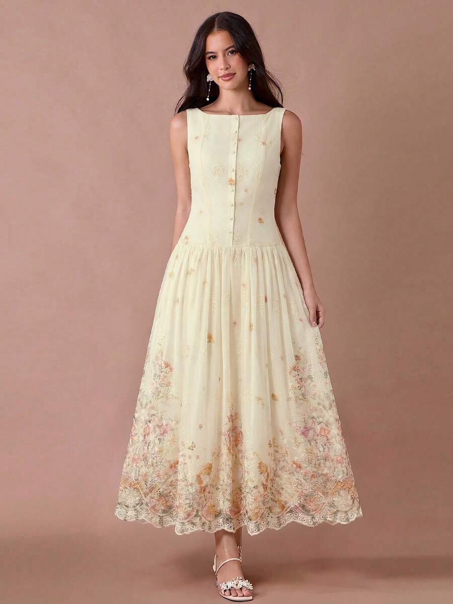 Enchnt 女士优雅花卉蝴蝶印花无袖收腰连衣裙,度假风 - 黃色 - 查看 1