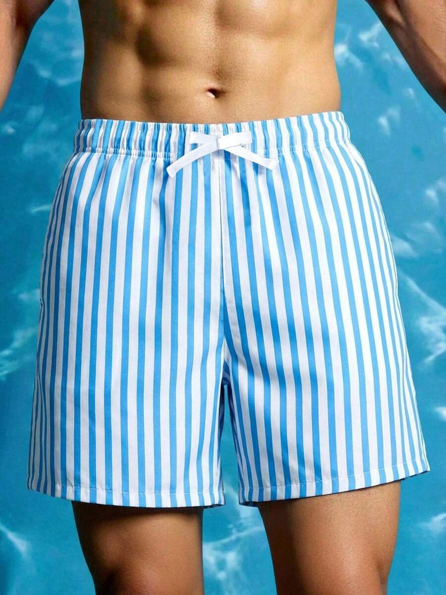 SHEIN Men's Swim Trunks,Blue And White Stripe Drawstring Swimwear Shorts For Summer,Casual Holiday Vacation,Tween Boy Light Blue Striped Swimming Shorts - Blue and White - View 1