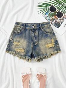 SHEIN Teenager Mädchen Y2K Frühling Sommer Leicht gewaschene Denim-Shorts mit niedriger Taille, ausgefranstem Saum und Rissen, Sommer Strand Boho Urlaubs Shorts, Konzert Festival Casual Rave, Brunch Abschluss Frühlingsfest König's Day Strand Abschluss Casual Schule - Mittele Waschung - Übersicht 6