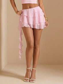 Gossip Girl X SHEIN SHEIN BAE Chân váy xếp ly đơn sắc tối giản dành cho nữ, thích hợp mặc hàng ngày. - Hồng - Xem 1