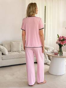 Moonlight&Mama BloomMama Basic Casual Fashion Pink & Black Contrast Trim Open Front Collar Short Sleeve Pants Nursing Pajama Set For Pregnant Women - Pink - View 2