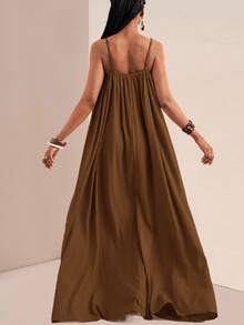 Slaydiva Gaun Maxi Kasual Ukuran Besar Warna Polos, Gaun Santai, Gaun Musim Panas untuk Wanita - Coklat - View 3