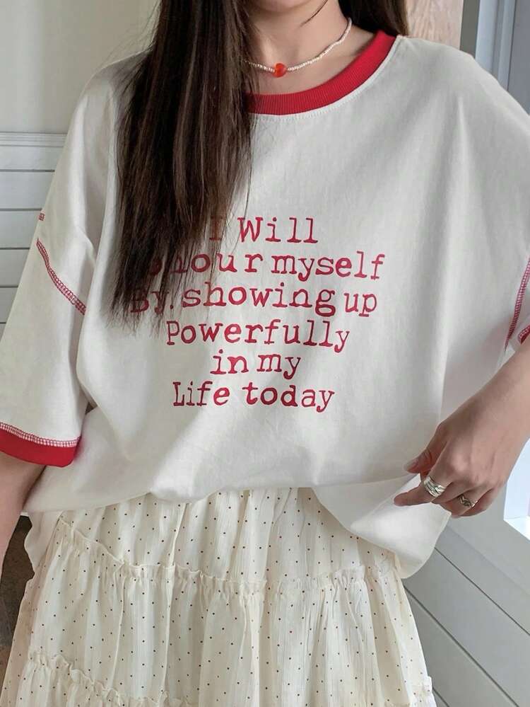 Dazy Plus Color Block Letter Print Loose Casual Round Neck Short Sleeve T-Shirt, Korean Style Plus Size Women Spring/Summer White Top