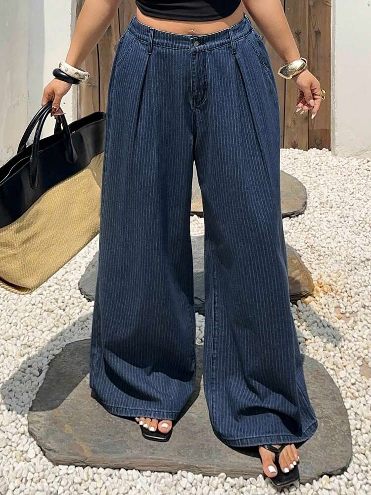 Dazy Plus Striped High Waist Pleated Wide Leg Casual Vacation Style Plus Size Women Street Loose Long Jeans