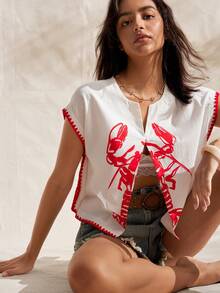 Easelle Women's Lobster Print Ruffled Shirt,White And Red Lobster Pattern Summer Traditional Vacation Holiday Island Outdoor Beach 2026 Top Blouses Casual - White - View 5