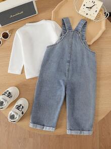 SHEIN Baby Boy Casual Basic Long Sleeve T-Shirt And Pocket Denim Bib Pants Set - Blue - View 2