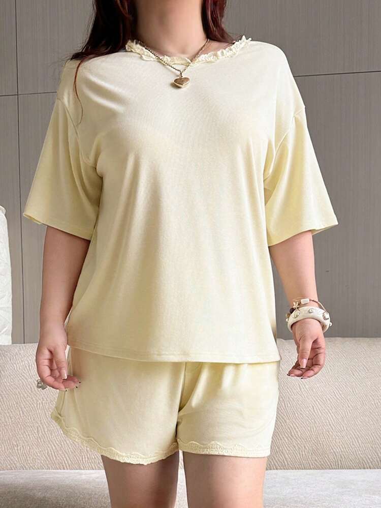 Dazy Plus 2pcs Solid Color Sleepwear Set, Lace Patchwork Round Neck Loose Short Sleeve Top And Elastic Waist Shorts, Plus Size Women Spring/Summer Pajamas