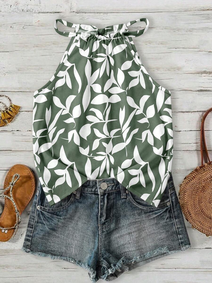 SHEIN LUNE Women's Green & White Floral Print Halter Neck Camisole, Suitable For Spring/Summer Vacation - Multicolor - View 1
