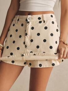 Poéselle Falda pantalón de mezclilla casual con bolsillo y estampado de lunares para mujer - Blanco y Negro - Ver 1