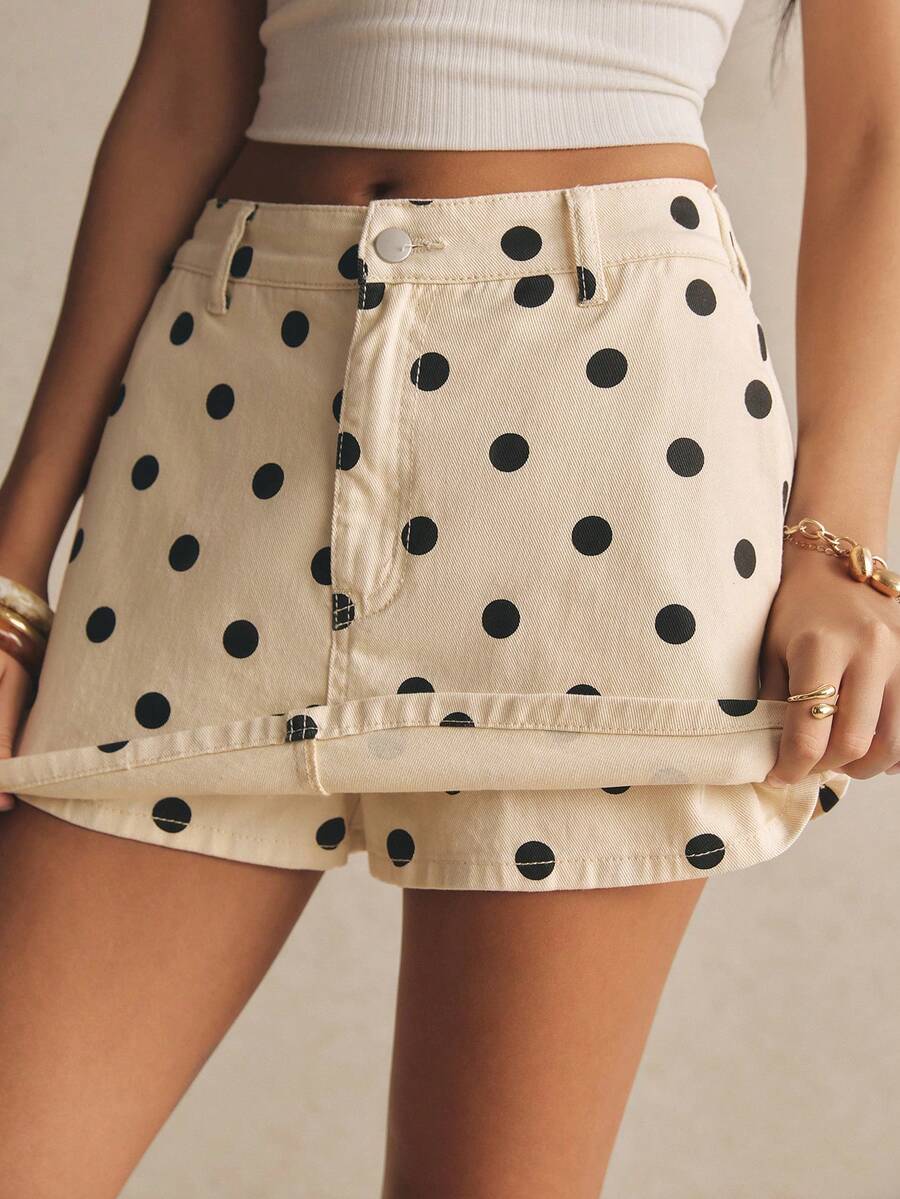 Poéselle Falda pantalón de mezclilla casual con bolsillo y estampado de lunares para mujer - Blanco y Negro - Ver 1