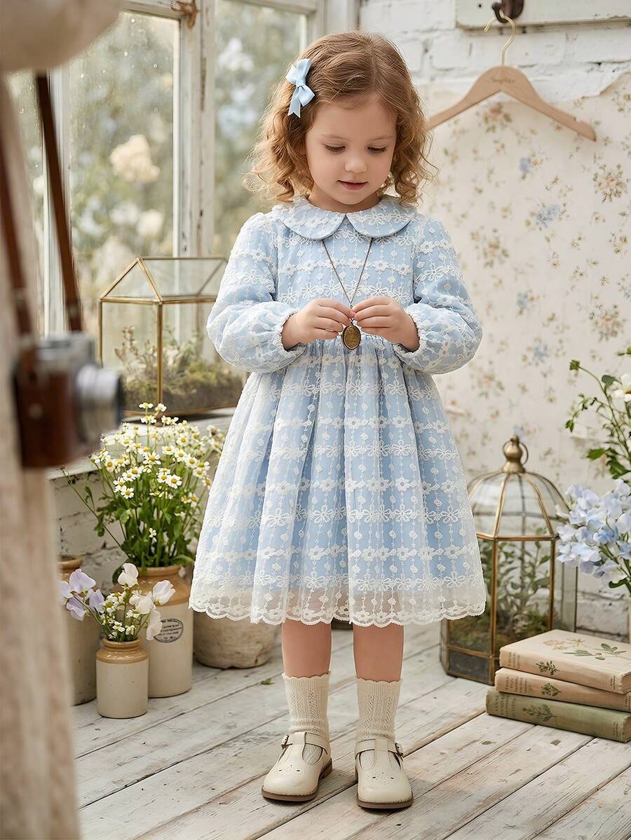 Souflis Souflis Toddler Girls' Elegant Sweet Floral Embroidered Mesh Blue Princess Dress, Peter Pan Collar Long Sleeve, Suitable For Spring, Summer, Autumn Occasions Like Birthday Party, Photography, School, Etc. Childrens Clothes Young Girl Dresses Tea Party Dress Girl - Baby Blue - View 1