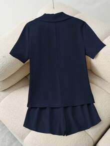 Franclia Tenue décontractée élégante pour le travail, comprenant une veste style blazer jaune à manches courtes et un ensemble short/pantalon large. Printemps/été pour femmes - Bleu marine - Voir 2