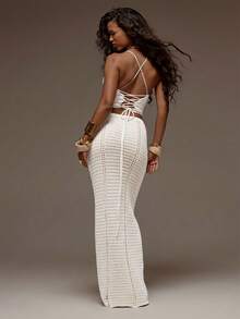 MUSERA Crochet Knit Fitted Cami Top And Maxi Skirt Set Co-Ord Spring Summer Holiday Vacation Beach Ibiza Festival Party Elegant Divinity - White - View 2
