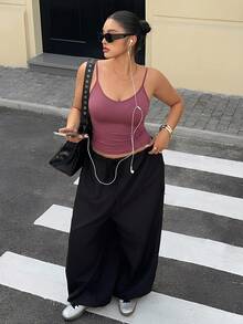 Dazy Plus Plus Size Solid Color Elastic Fitted Cropped Camisole, Spring/Summer Top - Hot Pink - View 6