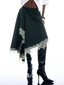 LYSMO Chân váy ren ghép mảnh vạt bất đối xứng dành cho nữ - màu đen - Xem 3