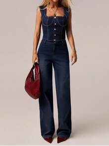 SHEIN Forever 21 夏季/乡村音乐会/乡村音乐会/茶会/优雅/音乐会/休闲女士/夏季/蓝色牛仔上衣 - 藍色 - 查看 4