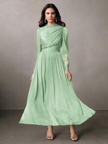 Anewsta Nuevo vestido elegante y brillante con pliegues y mangas largas, adecuado para fiestas, citas y salidas en primavera y verano - Verde Oliva - Ver 4