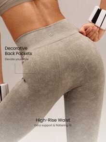 GLOWMODE Quần legging dài 24 inch, siêu mềm, không đường may, cạp cao, chất liệu giả denim, hoàn thiện kiểu wash, thích hợp cho tập luyện, chạy bộ, thể dục, tập gym, thể hình, hoạt động thể thao. - Màu Khaki - Xem 4