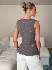 Lavishia Women's Gray Beaded Vest, Luxury Elegant Fashionable Waistcoat For Outing, Party, Wedding Season,Summer Top - Grey - View 2