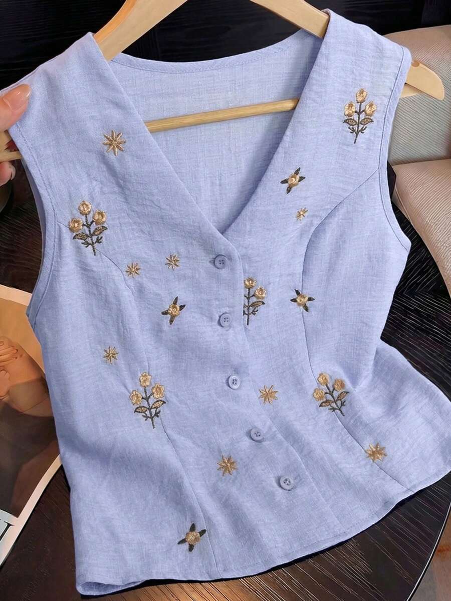 GlowEve 女士夏季外出、约会、新年、情人节、复活节、母亲节、音乐节、中东风情、婚礼、优雅、复古、休闲、通勤、浪漫、度假亚麻刺绣V领纽扣腰无袖衬衫，白色 - 紫色 - 查看 1