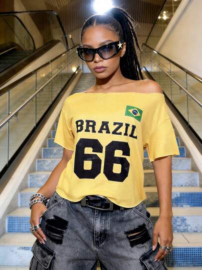 Slouenne Slouenne Nueva blusa holgada de manga corta con cuello asimétrico para primavera/verano, estilo sexy de calle con estampado gráfico numérico y de letras para eventos deportivos, versátil camiseta para mujer